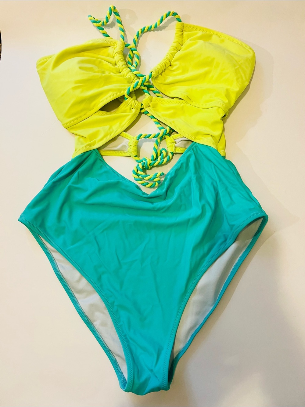Neon Lime & Teal Cutout One-Piece Swimsuit with Braided Ties women’s Large